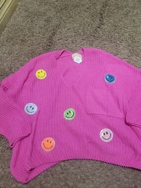 Judith March Hot Pink V-Neck Smiley Patch Sweater
